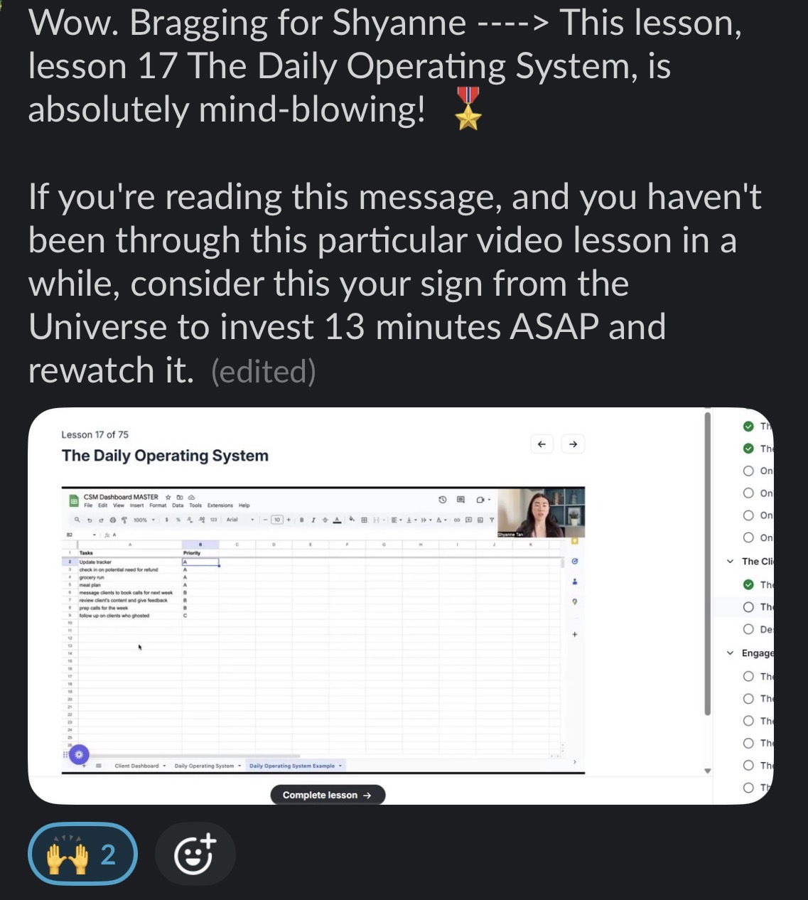 Student praising the Client Success daily operating system lesson