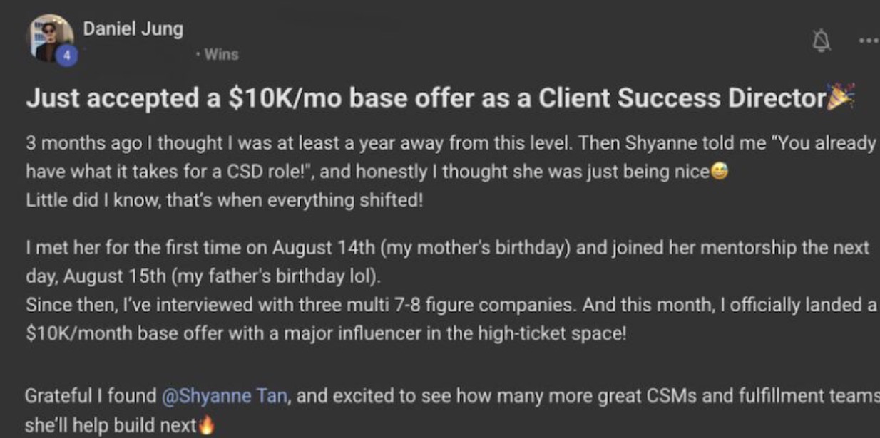 Daniel sharing a ten-thousand-dollar-per-month Client Success Director offer